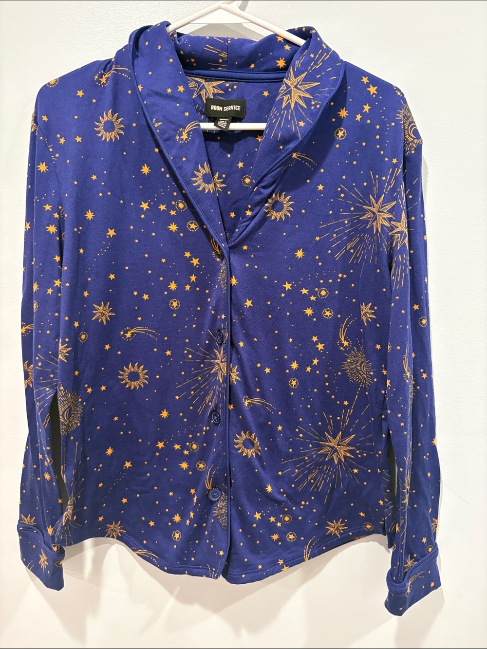 Room service pj to Midnight Star Print Button-Up Blouse - Blue ptp 18 length 23